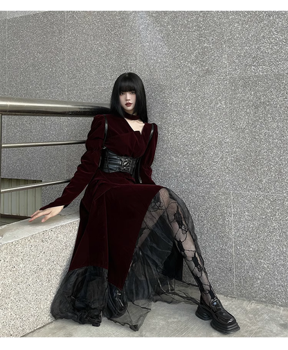 Elegant Fashion Red Velvet Irregular Dress Edge Design Gothic style party High-waisted Long-sleeved Dress HZ1024