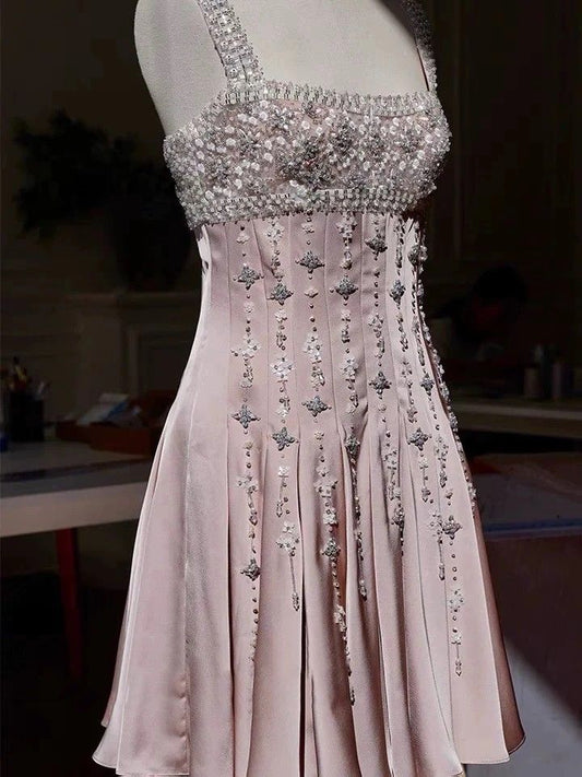 Girlhomeshops-Pink Gorgeous Exquisite Beaded Short Satin Homecoming Dress Birthday Dress gh5306
