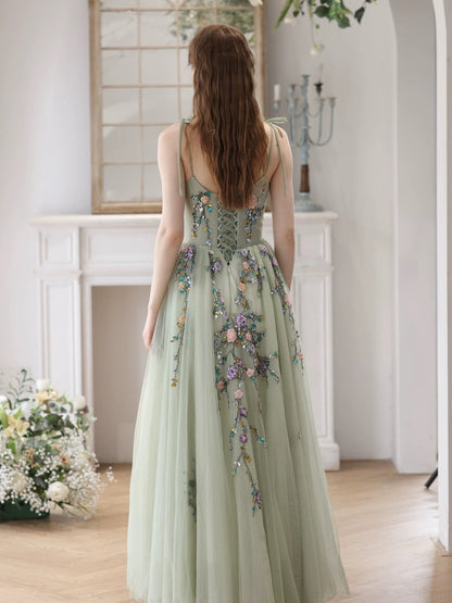 A-Line Tulle Lace Green Long Prom Dress, Green Long Formal Dress