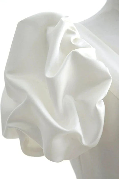 A Line V Neck White Wedding Dress with Short Sleeves