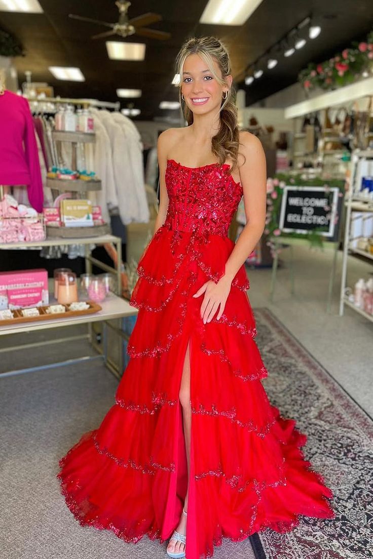 Sequin Strapless Red A-Line Ruffle Prom Dress with Slit