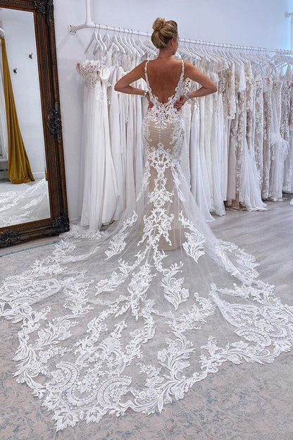 Aimishang Elegant Mermaid V Neck Tulle Lace Wedding Dresses with Train