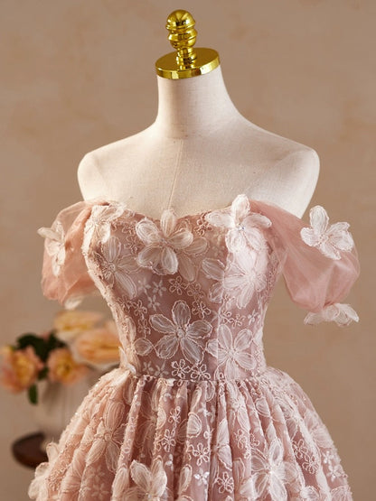 A-Line Off Shoulder Tulle Lace Short Prom Dress