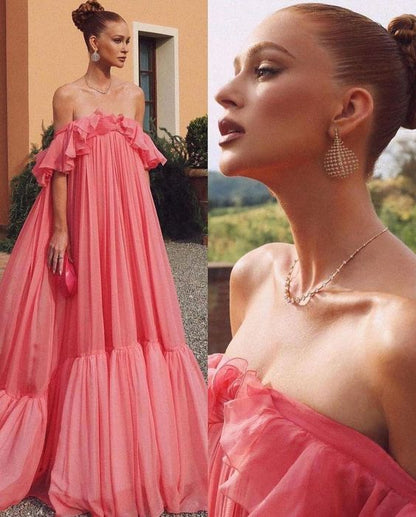 Vintage Pink Off-the-shoulder Prom Dress Long Pleated Evening Dress Formal Dress HZ1024