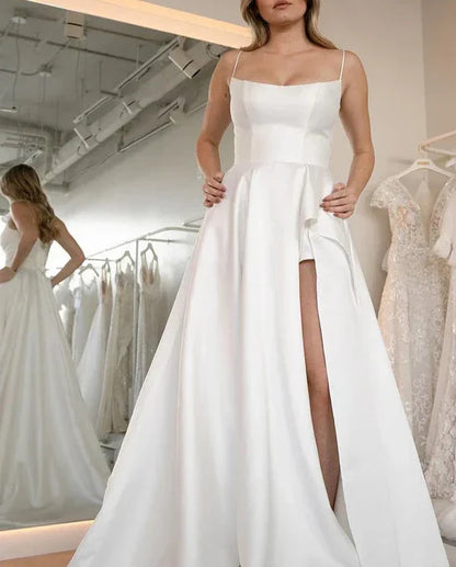 Simple A-Line Scoop Neck Satin Wedding Dresses with Slit