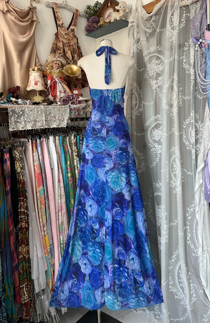 Vintage Navy Blue Floral V-neck Halter Dress Elegant A-Line Long Evening Dress Prom Dresses HZ1024