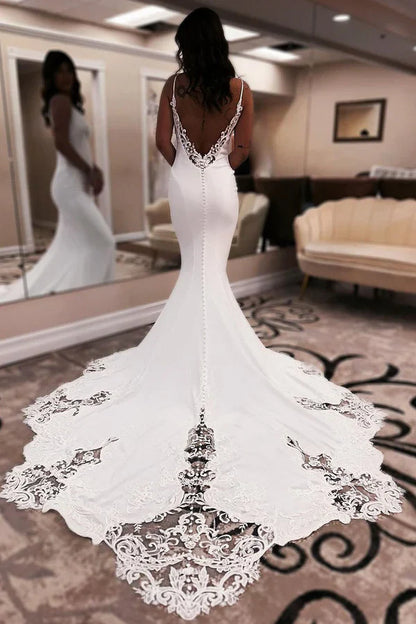 Mermaid V Neck Satin Wedding Dress with Appliques
