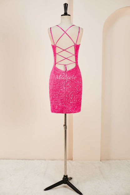 Hot Pink Sequin V-Neck Short Party Dress