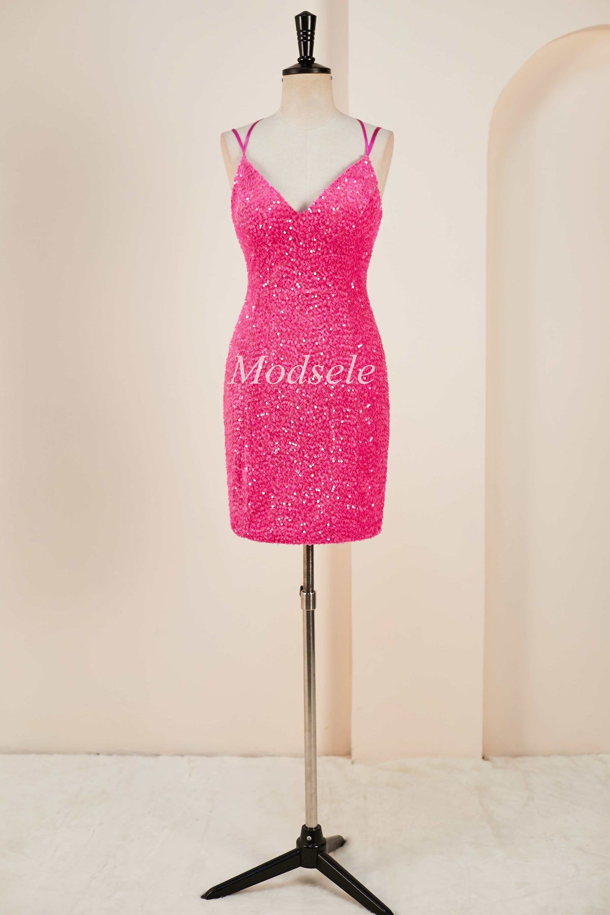 Hot Pink Sequin V-Neck Short Party Dress