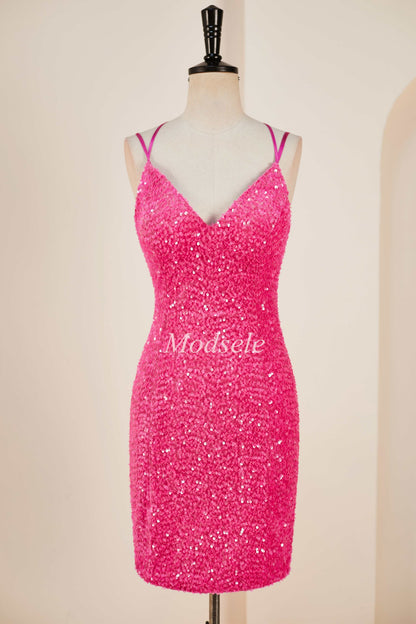 Hot Pink Sequin V-Neck Short Party Dress