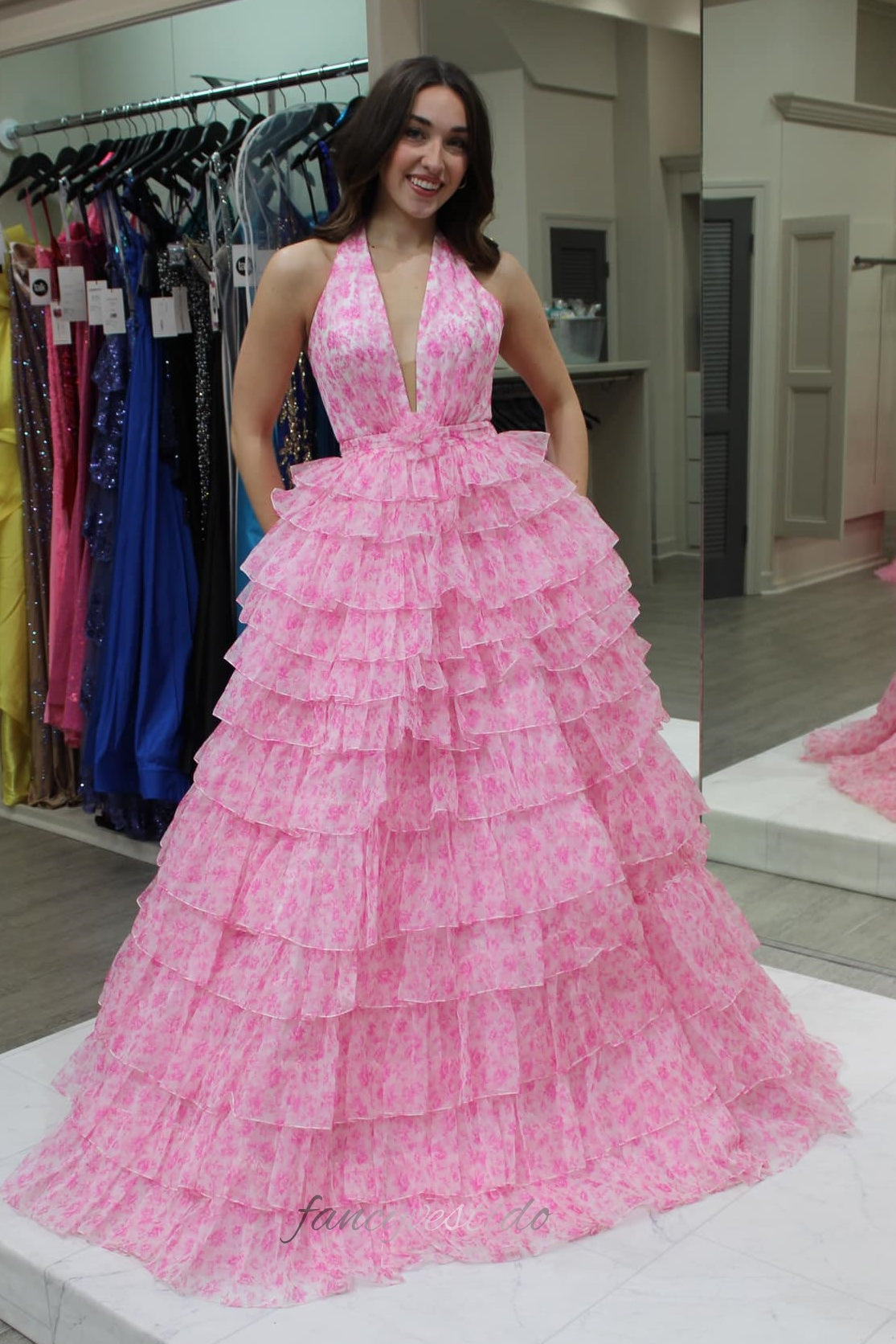 Halter Pink Floral Print Layered A-Line Ruffle Prom Dress
