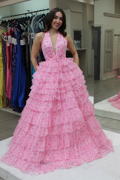 Halter Pink Floral Print Layered A-Line Ruffle Prom Dress