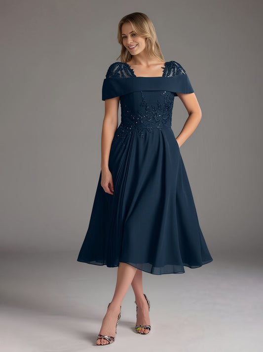 Chic A-Line Lace Square Neck Chiffon Tea-Length Dress Dark Navy