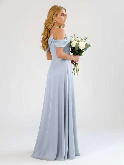 One-Shoulder Drape Satin Slit A-Line Gown Sky Blue