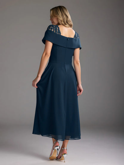 Chic A-Line Lace Square Neck Chiffon Tea-Length Dress Dark Navy