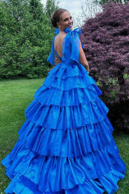 V-Neck Tiered A-Line Empire-Waist Sleeveless Long Prom Dress with Bow Tie Straps