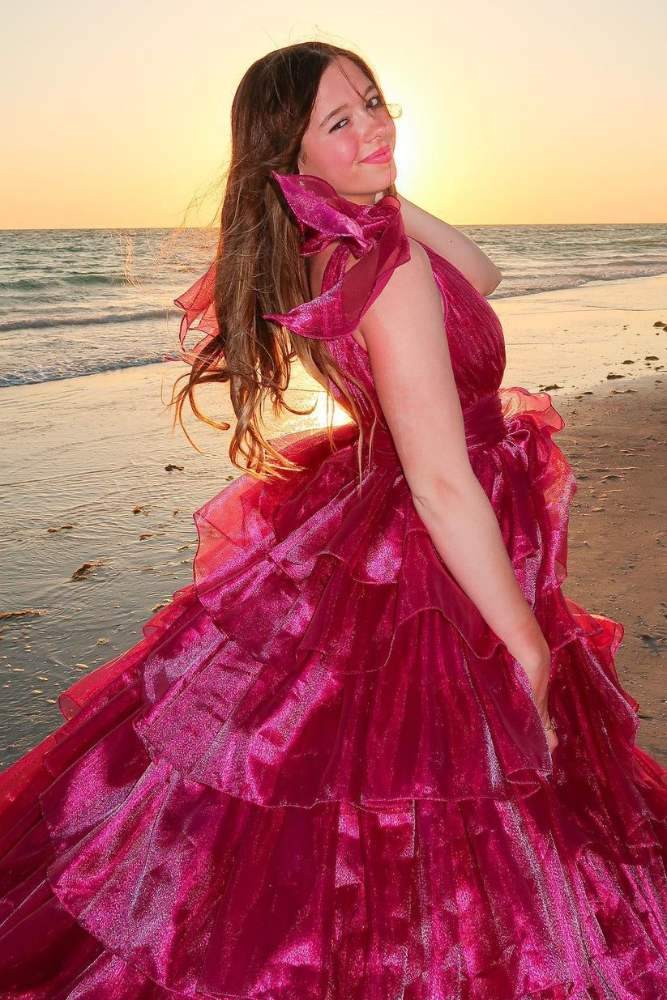 V-Neck Tiered A-Line Empire-Waist Sleeveless Long Prom Dress with Bow Tie Straps