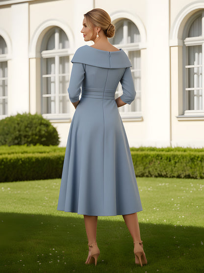 A-Line Sweetheart Neck Pleated Tea-Length Dress Dusty Blue