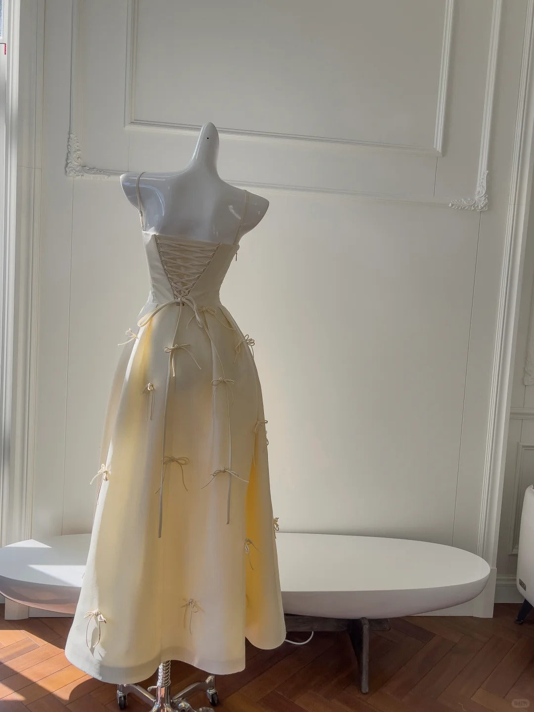 Sweet Light Yellow A-line Spaghetti Strap Bow Satin Long Prom Dress Evening Dress Bridesmaid Dress cc5279