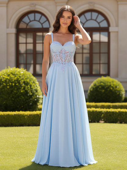 Sweetheart Neck Applique Sheer Corset Long Dress Sky Blue