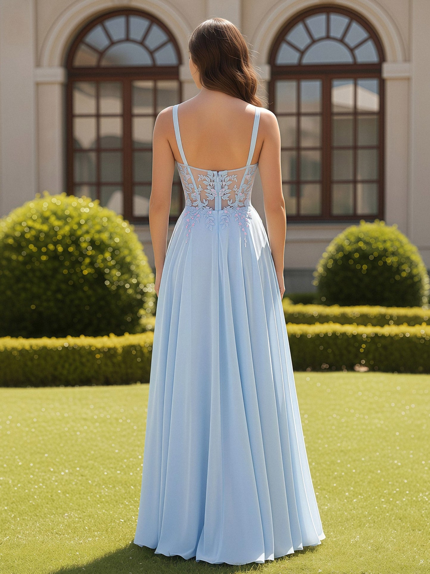 Sweetheart Neck Applique Sheer Corset Long Dress Sky Blue