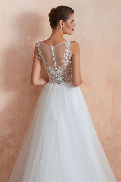Princess Long A-line Sheer Back Floral White Wedding Dress with Sequins