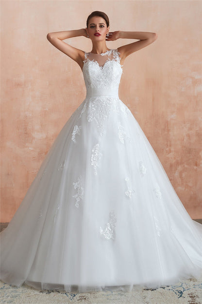 Princess Long Ball Gown A-line White Wedding Dress with Lace