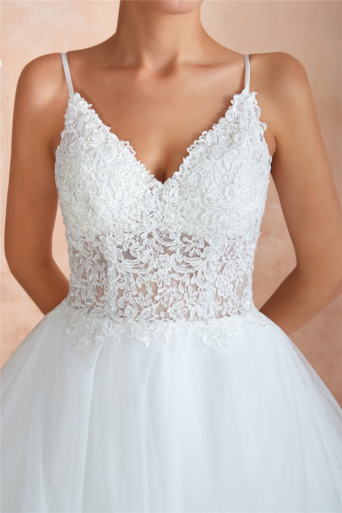 Long Lace-Up Back A-line Straps White Wedding Dress with Lace