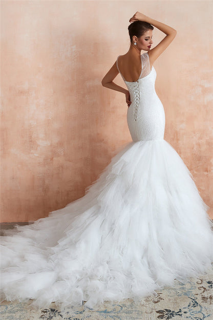 Long Lace-Up Back Mermaid White Wedding Dress with Layered Train