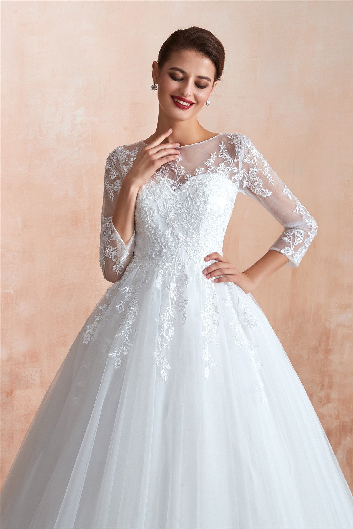 Princess 3/4 Sleeves Long A-line White Wedding Dress with Lace