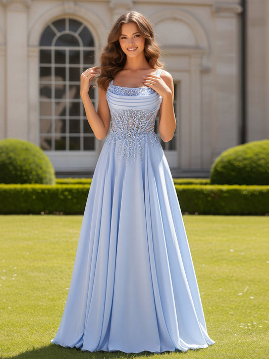 Square Neck Beaded Corset A-line Long Dress Lavender