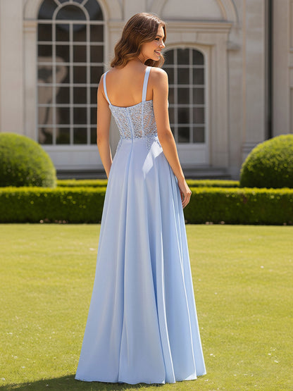 Square Neck Beaded Corset A-line Long Dress Lavender