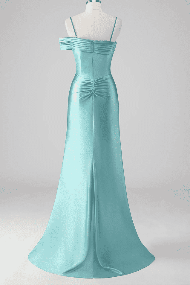 Asymmetrical Straps Mermaid Mist Pleated Prom Dress with Slit