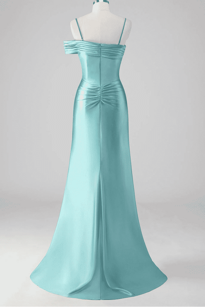 Asymmetrical Straps Mermaid Mist Pleated Prom Dress with Slit