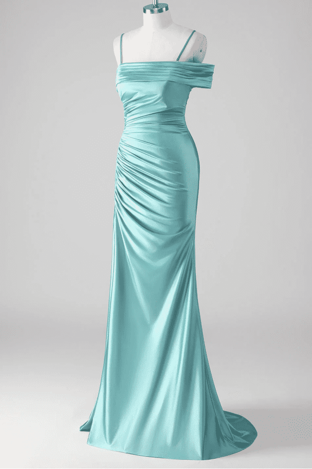 Asymmetrical Straps Mermaid Mist Pleated Prom Dress with Slit