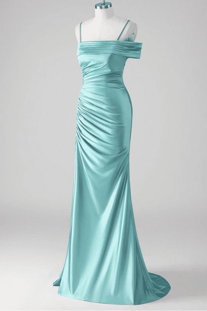 Asymmetrical Straps Mermaid Mist Pleated Prom Dress with Slit