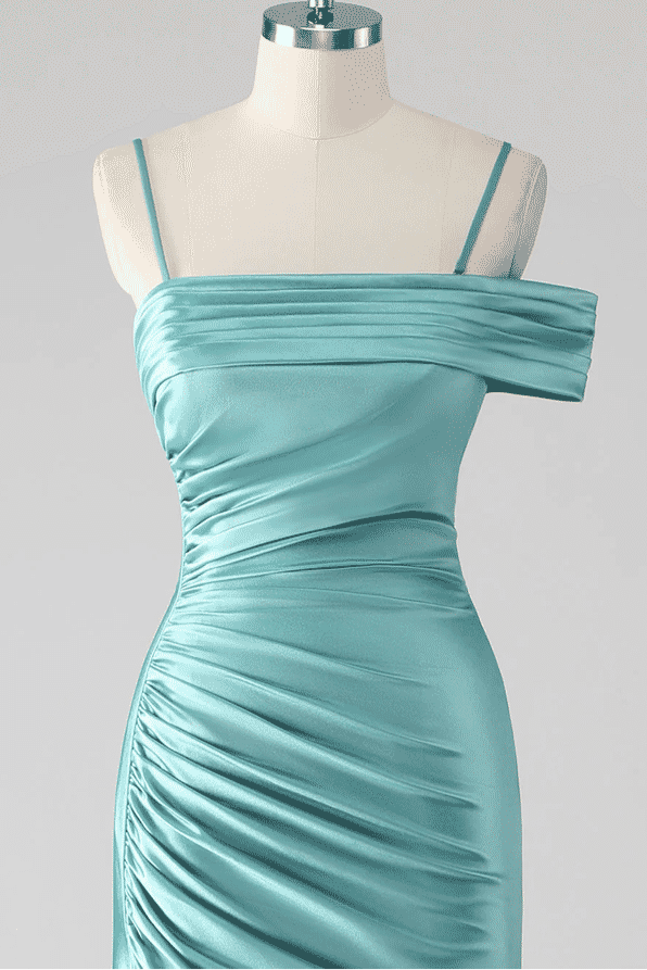 Asymmetrical Straps Mermaid Mist Pleated Prom Dress with Slit