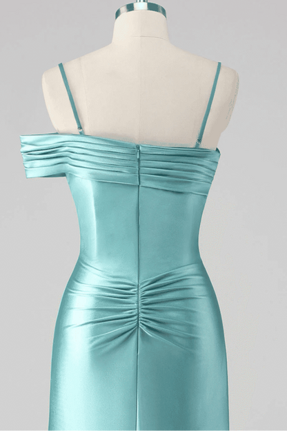 Asymmetrical Straps Mermaid Mist Pleated Prom Dress with Slit