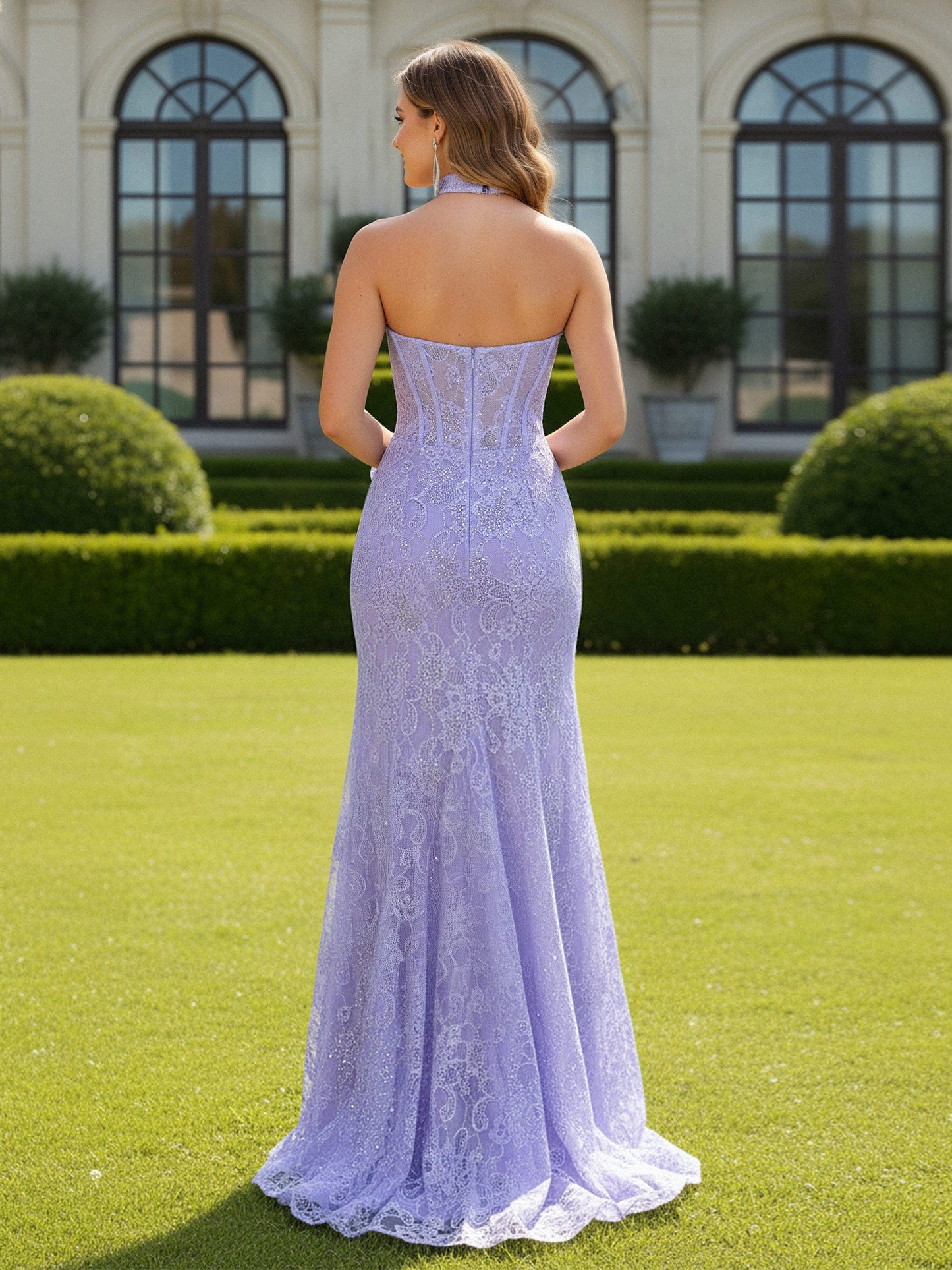 Sweetheart Neck Lace Sequins Bodycon Dress With Slit Lilac