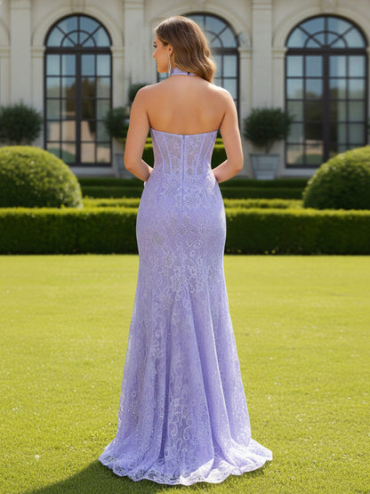 Sweetheart Neck Lace Sequins Bodycon Dress With Slit Lilac