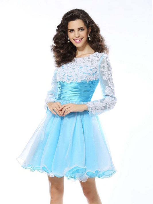 A-Line/Princess Scoop Applique Long Sleeves Short  Woven Satin Cocktail Dresses