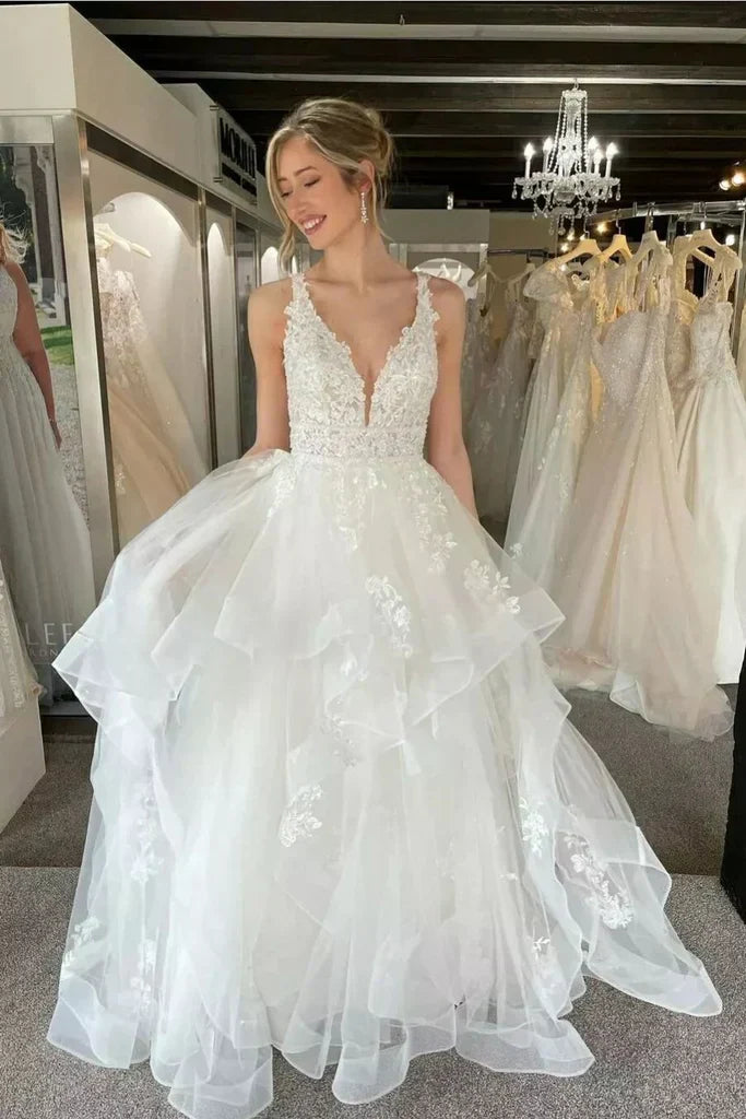 A Line Beach Tiered Ruffles Wedding Dress Lace Appliques V Neck Tulle