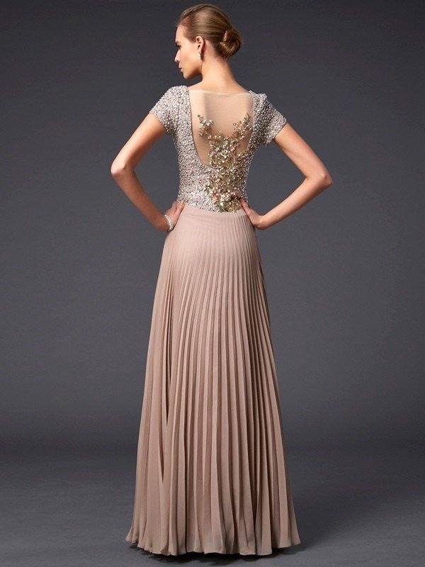 A-Line/Princess V-neck Short Sleeves Beading Long Chiffon Mother of the Bride Dresses - RongMoon