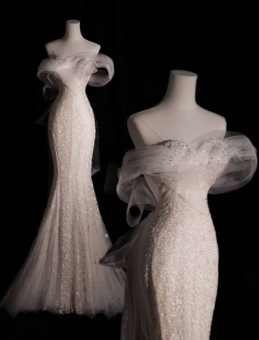 Beautiful Off-the-shoulder Sequins Long Mermaid Wedding Dress Chic Prom Dress cc1765