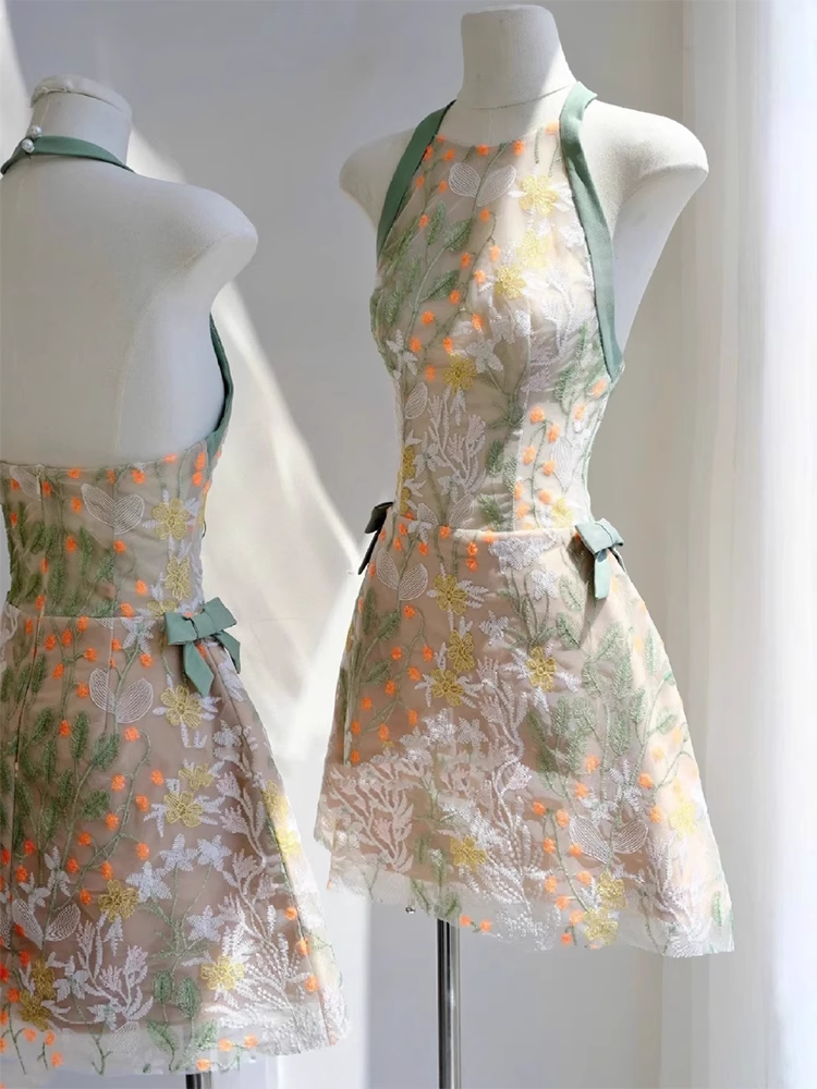 Vintage Fashion Floral Halter Dress Design A-line Party Dresses Homecoming Dresses, HZ1024