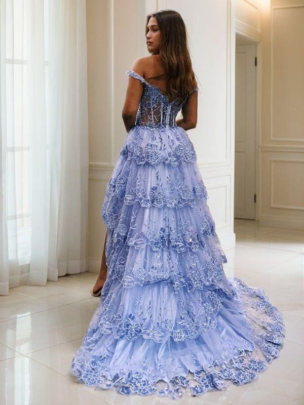 A-Line Tulle Applique Off-the-Shoulder Sleeveless Sweep/Brush Train Corset Dresses