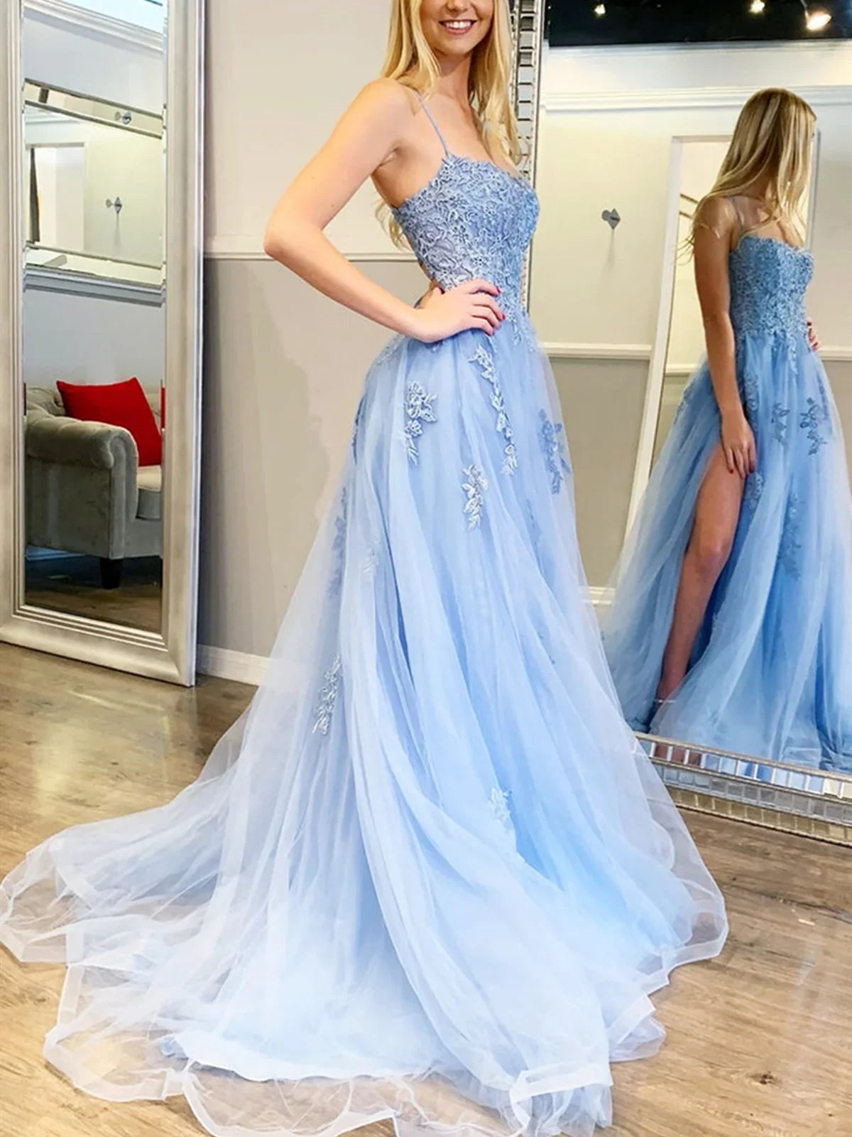 Backless Blue Lace Prom Dresses Open Back Light Blue Lace Formal Graduation Dresses