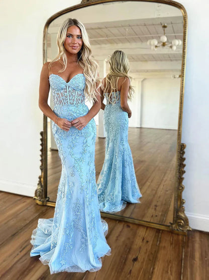 Strapless Red Blue Black Purple Lace Mermaid Long Prom Dresses