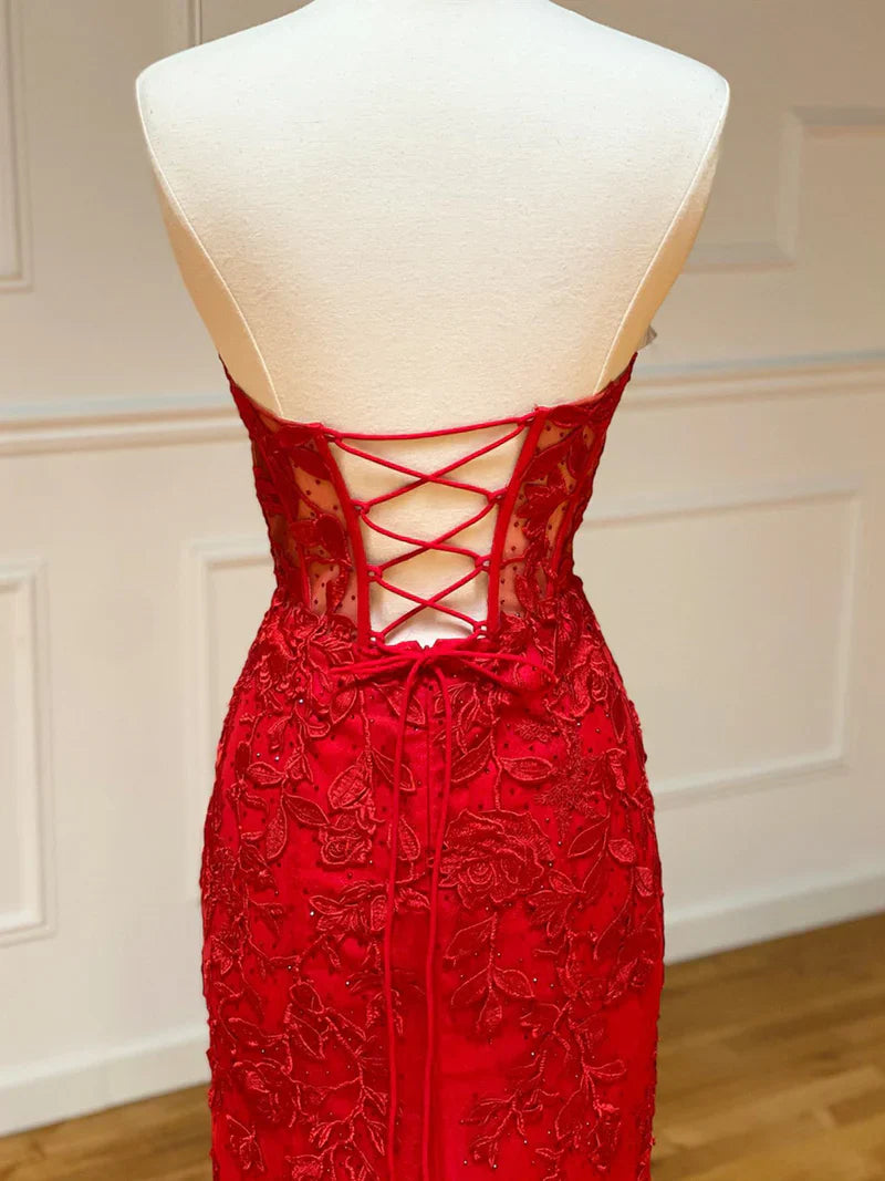Strapless Red Blue Black Purple Lace Mermaid Long Prom Dresses