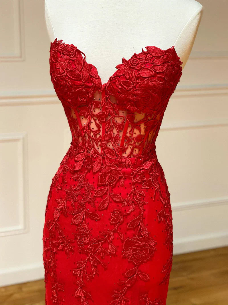 Strapless Red Blue Black Purple Lace Mermaid Long Prom Dresses